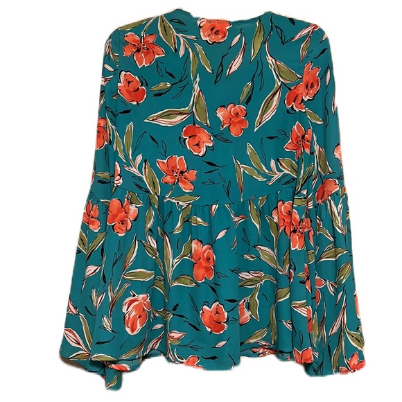 Peach Love, Long Bell Sleeves, Tie Up Neckline, Floral Print Top, Multi, S - Picture 2 of 5